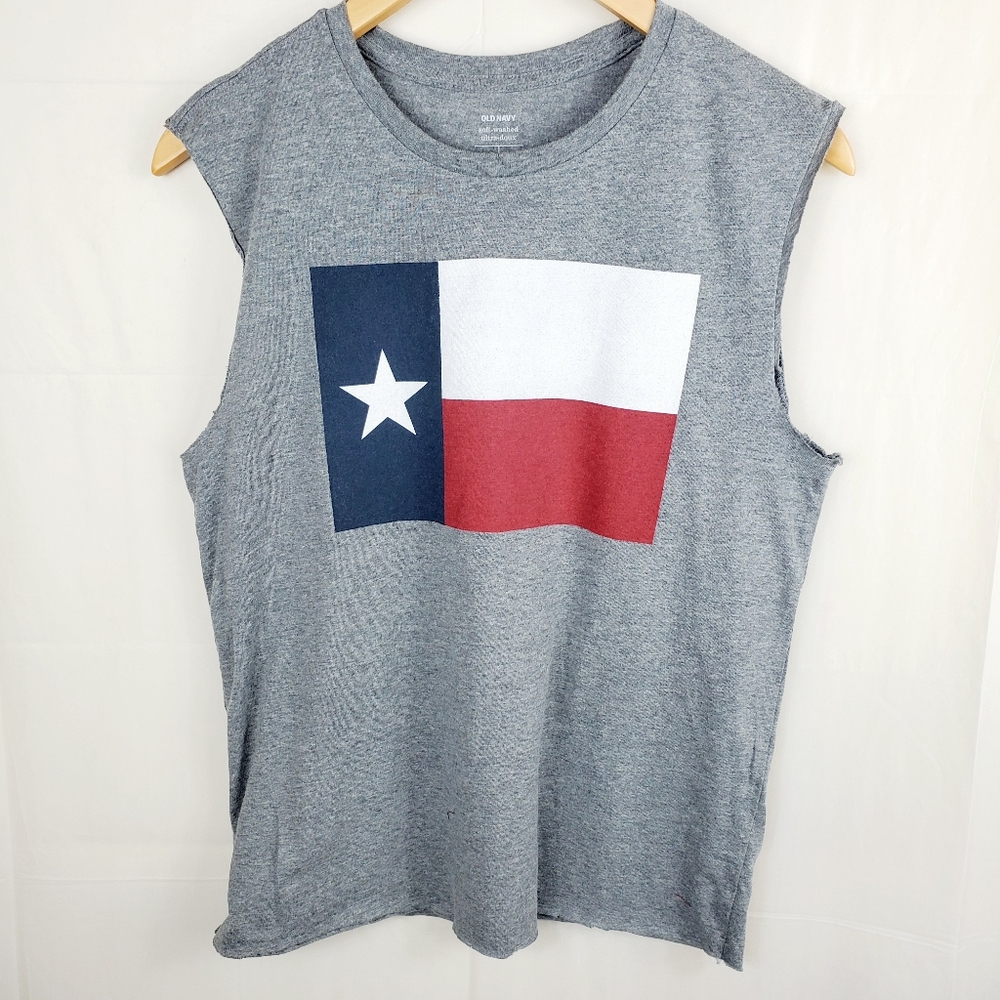 Old Navy Grey Tank Top Flag Banner Frayed Hems si…